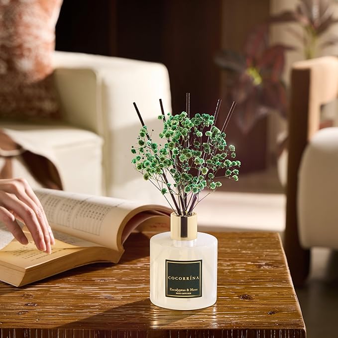 Reed Diffuser Sets- Eucalyptus & Moss Scented Diffuser with Sticks Home Fragrance Reed Diffuser for Bathroom Shelf Decor