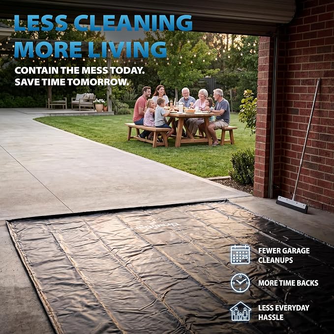 7'9" x 18' Garage Floor Mat, 610GSM PVC Containment Mat for Cars | Heavy-Duty, 1.2in Raised Edges, Waterproof Garage Protection, Non-Slip Design, Easy Hose Clean, Kit with Squeegee