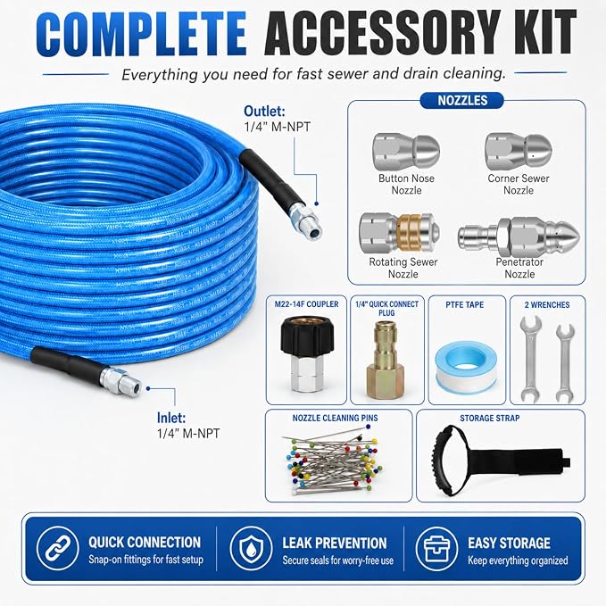 100 FT Sewer Jetter Kit for Pressure Washer, 5800PSI Drain Cleaner Hose | 1/4 Inch NPT Corner with 4 Sewer Jetting Nozzles, Pearl Corsage Pin, Waterproof Tape, Handle Strap&2 Spanner (Blue)