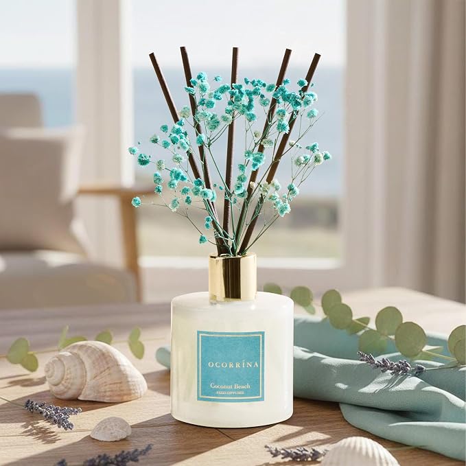Reed Diffuser - Coconut Beach 6.7 fl oz Reed Diffuser with Sticks, Home Bedrrom Bathroom Shelf Decor