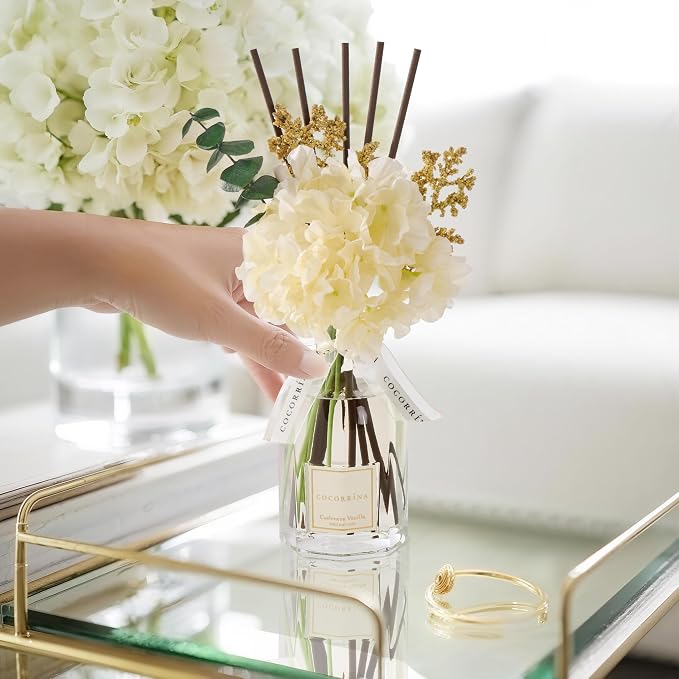 Reed Diffuser - Cashmere Vanilla 8.5 Fl.oz Flower Reed Diffuser with Sticks, Bedroom Bathroom Shelf Decor (Floral Basket Collection)