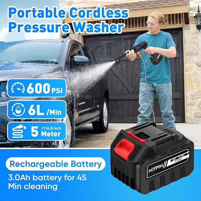 Portable Cordless Pressure Washer, 600PSI Brushless Handheld Wash Machine | 3.0Ah Rechargeable Battery Powered Pressure Washer, 6-in-1 Nozzle with Standard Nozzle for Car Floor Wall Fence Pet Cleaning