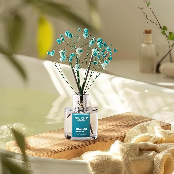 Reed Diffuser Set,1.69 fl oz (50 ml) - Ocean Mist&Sea Salt Oil Diffusers with 8 Reed Sticks,Home Fragrance Reed Diffuser for Bathroom Shelf DecorSALT