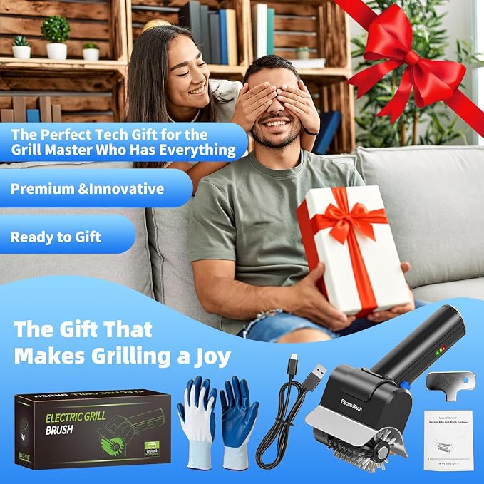 Electric Grill Brush with Dual Safety Lock. Ideal Gift for Men Dad Husband | Professional BBQ Cleaner with Submersible 304 SS Head, Splash-Proof Scrubber for Outdoor Grill (Blue Button)