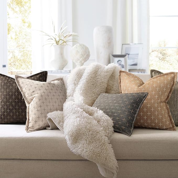 ZWJD Throw Pillow Pillow Covers 22x22 Set of 2 Soft Polyester Textured Pillow Covers with Stylish Flange Edge Cozy Farmhouse Throw Pillows for Couch Bed Sofa Living Room