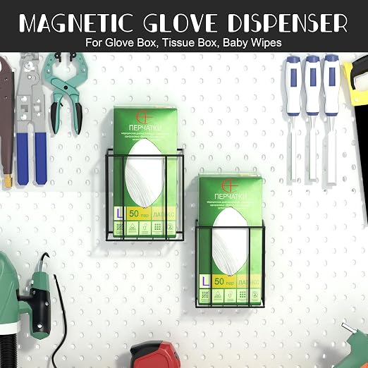 Magnetic Glove Box Holder Wall Mount, Disposable Glove Dispenser, Metal Rubber Latex Tissue Box Organizer for Tool Garage Workshop Kitchen Fridge - Two Size (Large+Small)