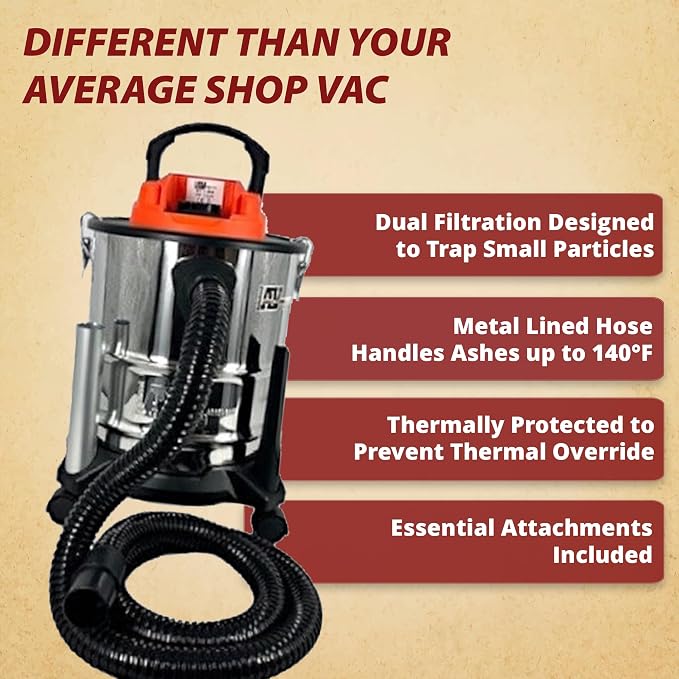 Pellethead Vault Pro Cordless Ash Vacuum – 20V Rechargeable, Dual HEPA Filters, 7-Foot Hose, Brush & Crevice Tools, Stainless Steel Body for Stoves, Fireplaces & Grills