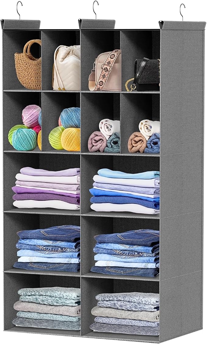 5 Tier Hanging Closet Organizer, 14 Compartments Dual Row Storage, Grey | Closet Organizers and Storage with Large & Small Pockets, 3 Sturdy Hooks Support Heavy Loads, Ideal for Dorm, Garment Rack