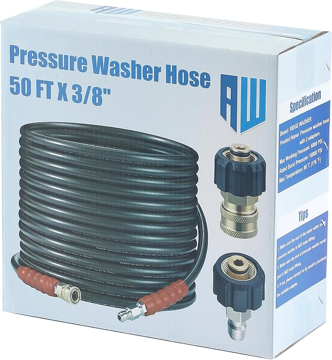 RIDGE WASHER Pressure Washer Hose 50 Feet X 3/8 Inch, 6000 PSI | 2-Wire Steel Braid Hose (R2) for Hot and Cold Water, 3/8 Inch Quick Connect