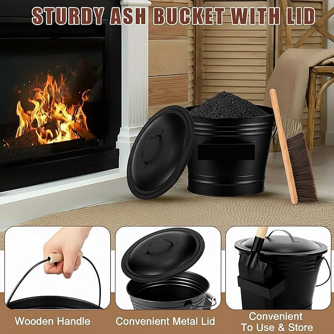 Patelai 7 Pcs Heavy Duty Fireplace Tool with 1.5gl Metal Ash Bucket with Lid Shovel Broom Wood Fire Pit Bellows 32" Long Fire Poker 26" Fireplace Tong, Glove(No Storage)