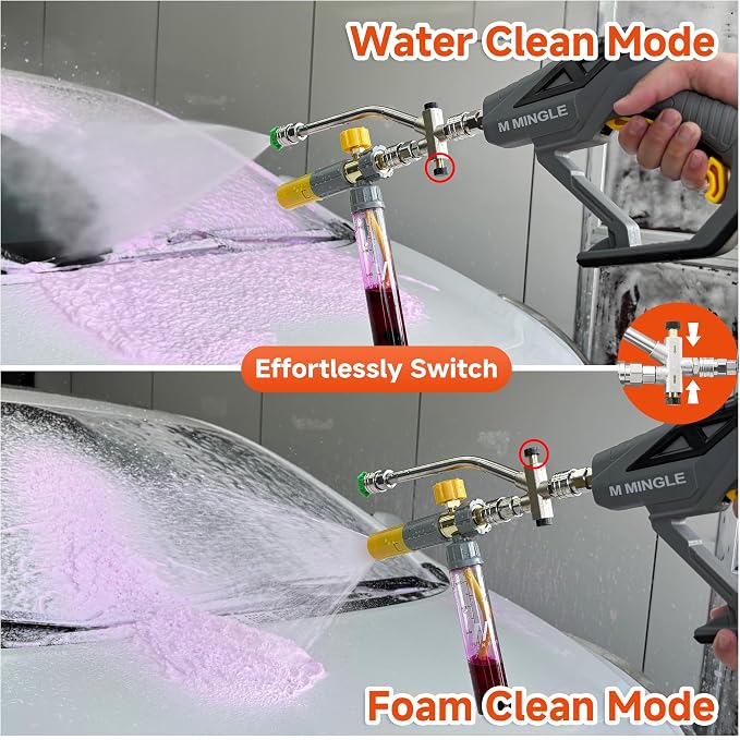 M MINGLE Pressure Washer Gun with Mini Undiluted Foam Cannon, 1/4" QC | Dual Connector Accessory, Undiluted Foam Blaster with 5 Nozzle Tips, M22 Adapter, Ideal for Car Wash, Patio & Deck Cleaning