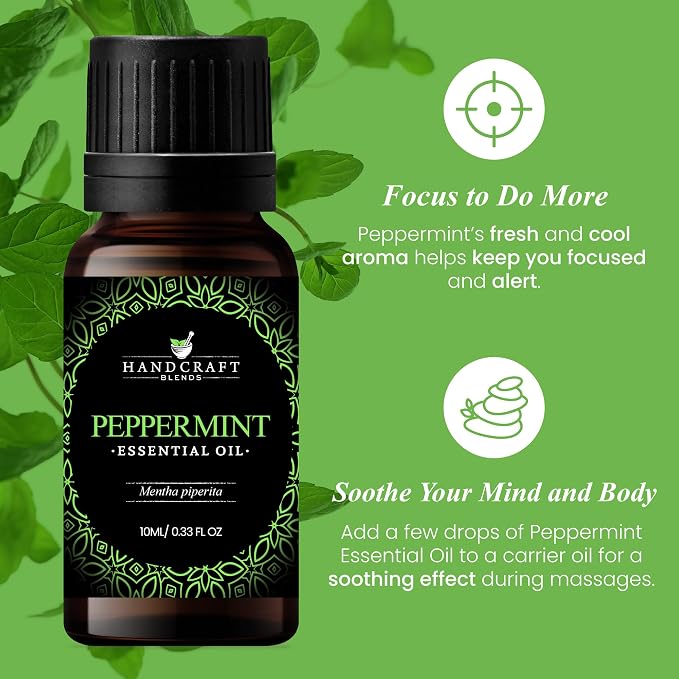 Handcraft Blends Peppermint Essential Oil – 0.33 Fl Oz – 100% Pure and Natural – Premium Grade Essential Oil for Diffuser and Aromatherapy, Skin, Massage, Candle and Soap Making Fragrance