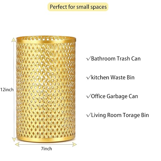Small Gold Trash Can for Bathroom, Metal Garbage Can for Offices, Decorative Hollow-Out Garbage Can Waste Paper Bin, 7" W X 7" L X 12" H