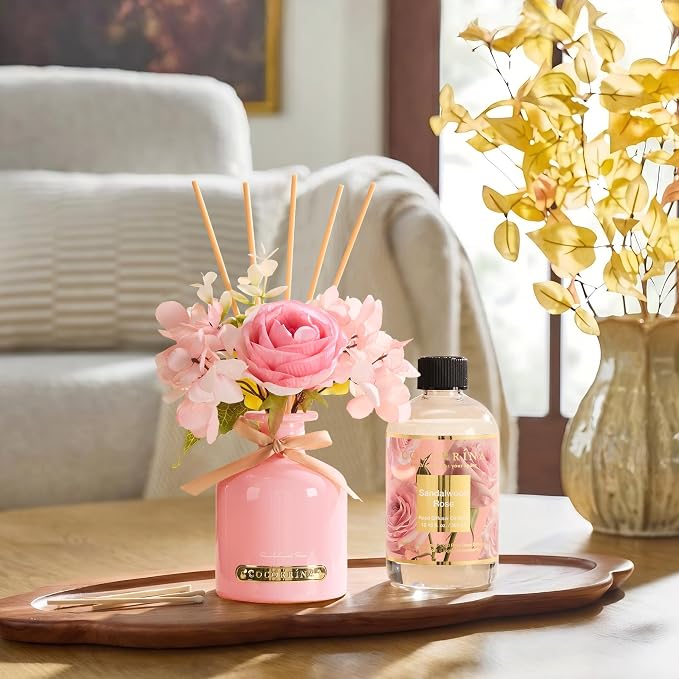Reed Diffuser Refill Sandalwood Rose 10.14oz (300ml) with 8 Sticks - Premium Long-Lasting Floral Essential Oil, Home Fragrance for Bedroom, Bathroom Home Decor