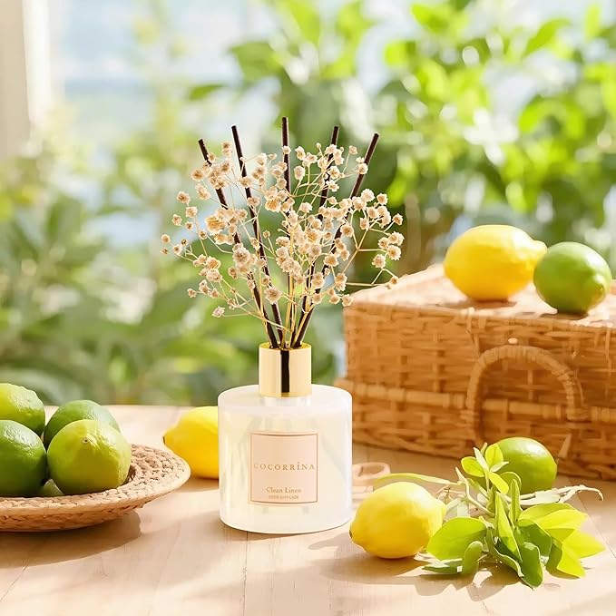 Reed Diffuser Set, Clean Linen 6.7 fl oz Scented Diffuser with Sticks Home Fragrance Reed Diffuser for Bathroom Shelf Décor