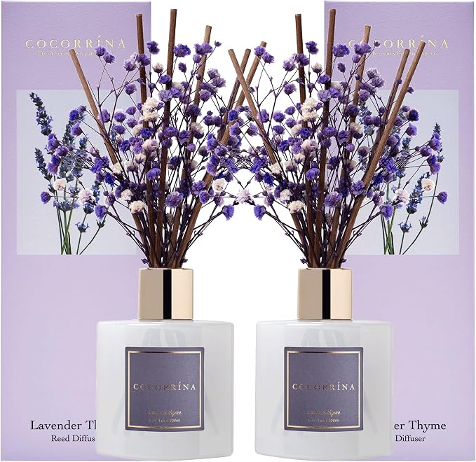 Premium Reed Diffuser Set with Preserved Baby's Breath & Cotton Stick Lavender Thyme 2 Packs, 6.7oz Scent Fragrance Oil Diffuser for Bedroom Bathroom Home Décor