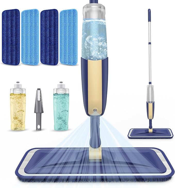 Spray Wet Mops for Floor Cleaning: Floor Mop Refillable with 2 Bottles | Microfiber Flat Mop, 4 Washable Pads for Swiffer PowerMop, Commercial Mop Lightweight, for Hardwood Wood Tile Laminate Vinyl