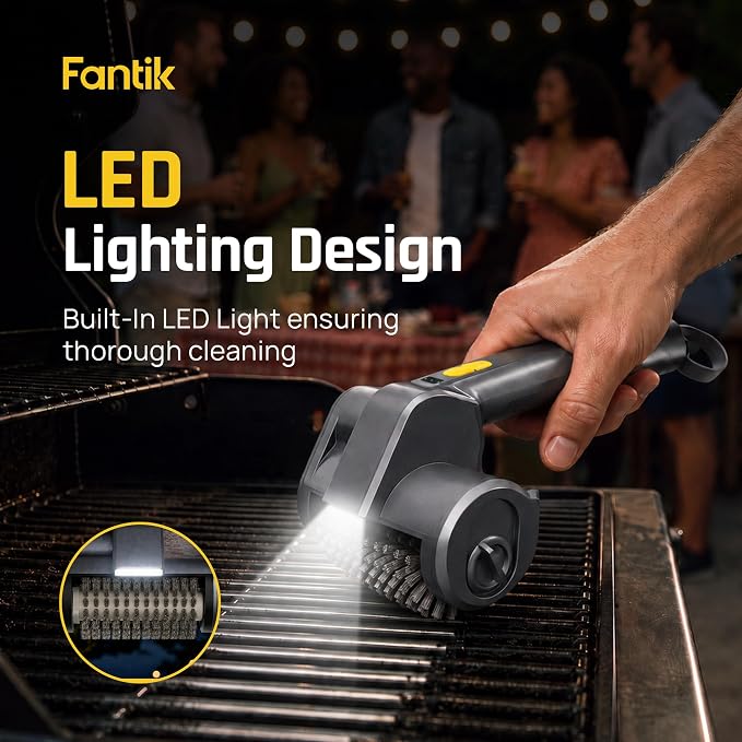 Fantik Electric Grill Brush, Cordless Rechargeable BBQ Grill Cleaner | Built-in LED for Night Use, w/550 RPM, Reinforced 304 Stainless Steel & Dishwasher Safe Removable Brushes, for Outdoor Grill