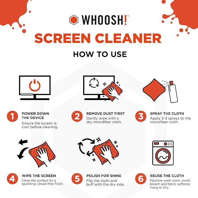 WHOOSH Screen Cleaner and Wipe Kit Duo, 3.7 fl oz + 0.3 fl oz | Large and Travel Size Bottles, Non Toxic and Odorless, For iPad, MacBook and Car Screens, 2 Microfiber Cloths
