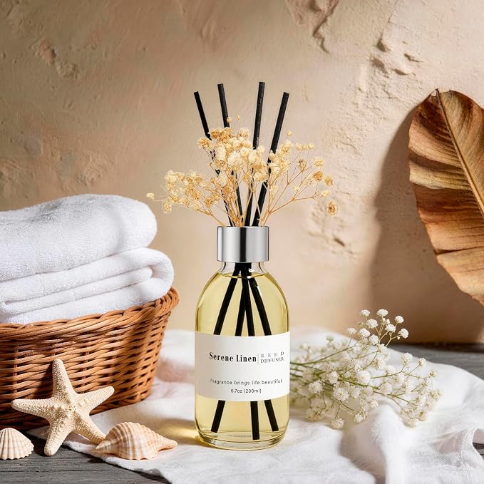 Clesh Reed Diffuser Set, 6.7 oz Serene Linen Scented Diffuser with Sticks, Home Fragrance Reed Diffuser for Bathroom Shelf Decor
