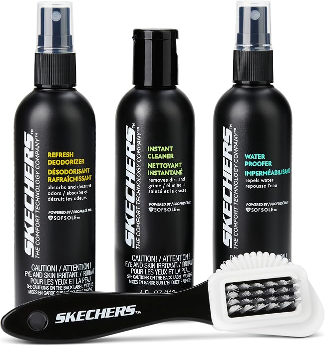 Sof Sole x Skechers Shoe Care Kit – All-in-One Shoe Cleaning Kit with Sneaker Cleaner, Shoe Deodorizer, Waterproof Spray & Brush – 4 oz Bottles with Pump Sprayers – Shoe Care for Athletic Shoes