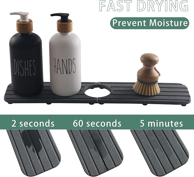 NiuYichee Faucet Mat for Kitchen Sink – Diatomite Stone Drying Mat, Absorbing Stone Tray for Bathroom Counter (Dark Gray, 17.3" x 3.9")