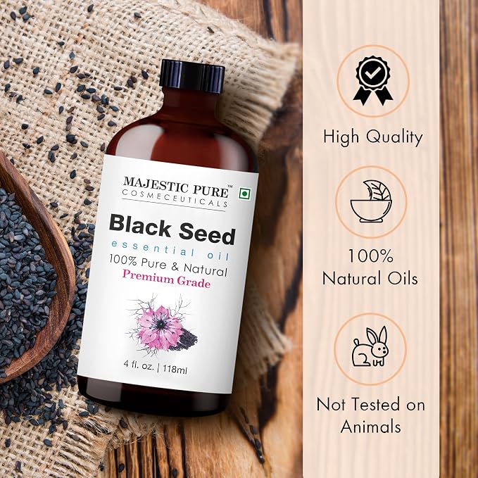 Majestic Pure Blackseed Essential Oil for Diffuser - 4 Fl Oz | 100% Natural Essentials Oils for Aromatherapy, Massage, candle making, soap making and custom essential oil blends