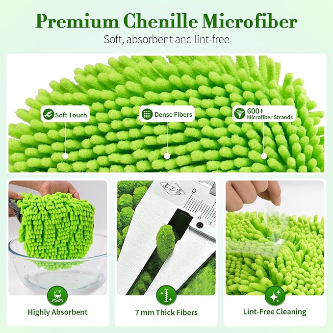 62" Car Wash Brush kit with Long Handle & 3 Scratch-Free Refill Mitt | Chenille Microfiber Car Washing Mop Head, Car Wash Stick, Car Brush Clean Kit, Car Cleaning Supplies for RV Truck Boat, Green