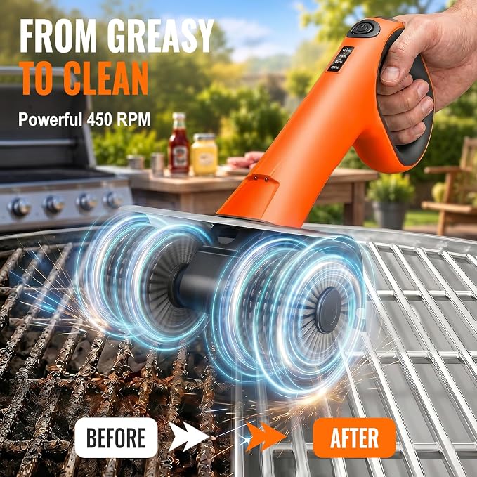 Electric Grill Brush - Dual Rotating Heads Cordless BBQ Grill Cleaner, 450 RPM Motorized Power Grill Cleaning Brush with LED Light, 6-Piece Replaceable Brush Set Safe for Most Outdoor Grill Grates