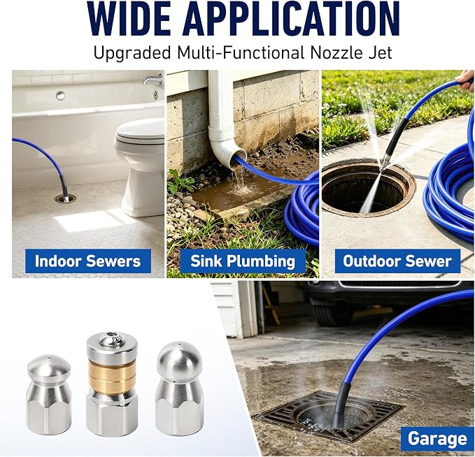 Sewer Jetter Kit for Pressure Washer 50 FT, Drain Cleaner Hose with Power Washer Gun, 1/4 Inch NPT Corner, Rotating and Button Nose Sewer Jetting Nozzle,Waterproof Tape, Pearl Corsage Pin, Spanner