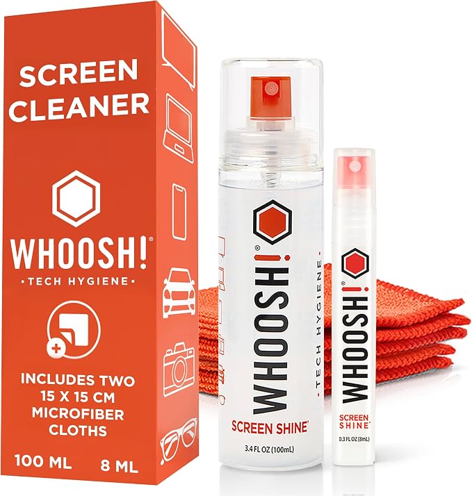 WHOOSH Screen Cleaner and Wipe Kit Duo, 3.7 fl oz + 0.3 fl oz | Large and Travel Size Bottles, Non Toxic and Odorless, For iPad, MacBook and Car Screens, 2 Microfiber Cloths