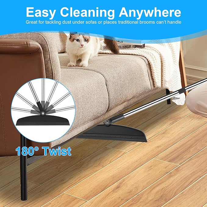 Broom and Dustpan Combo Set, 51" Long Handle with Squeegee | Black Complete Cleaning Kit, Floor Squeegee for Wet & Dry Messes, Built-in Comb Dustpan for Home & Pet Areas