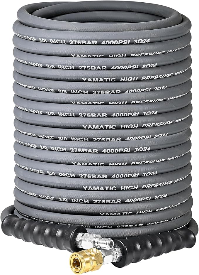 YAMATIC 3/8" ID Pressure Washer Hose 100 FT, 4000 PSI, Kink-Resistant 3/8Inch Swivel Quick Connect, Non-Marking Rubber Jacket, Steel Wire Braided, Hot Water 212°F Replacement Power Washer Hose