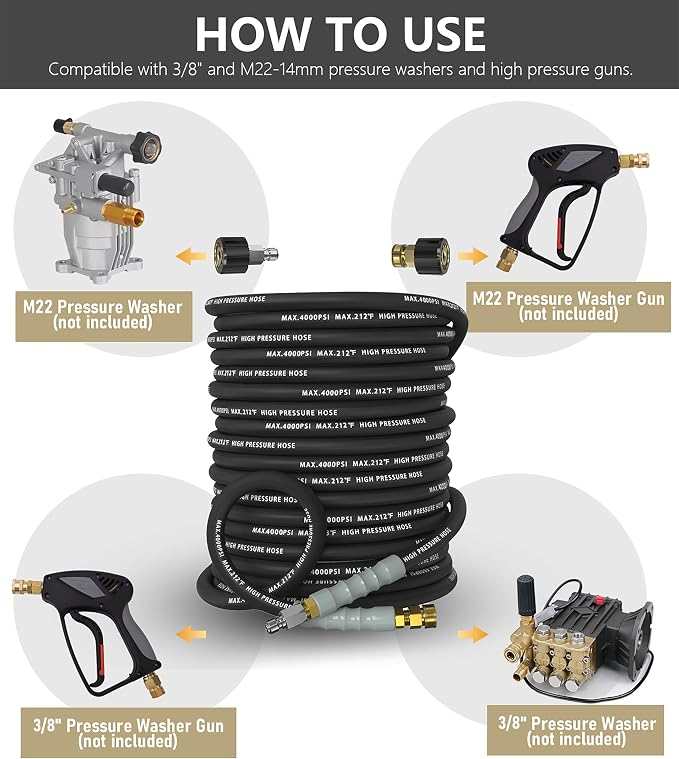 Pressure Washer Hose 100FT 4000 PSI, Kink Resistant Steel Braided Layer & NonMarking Rubber for Hot/Cold Water, High Power Washer Hose With 3/8 Inch Quick Connect & M22 Fitting, Black