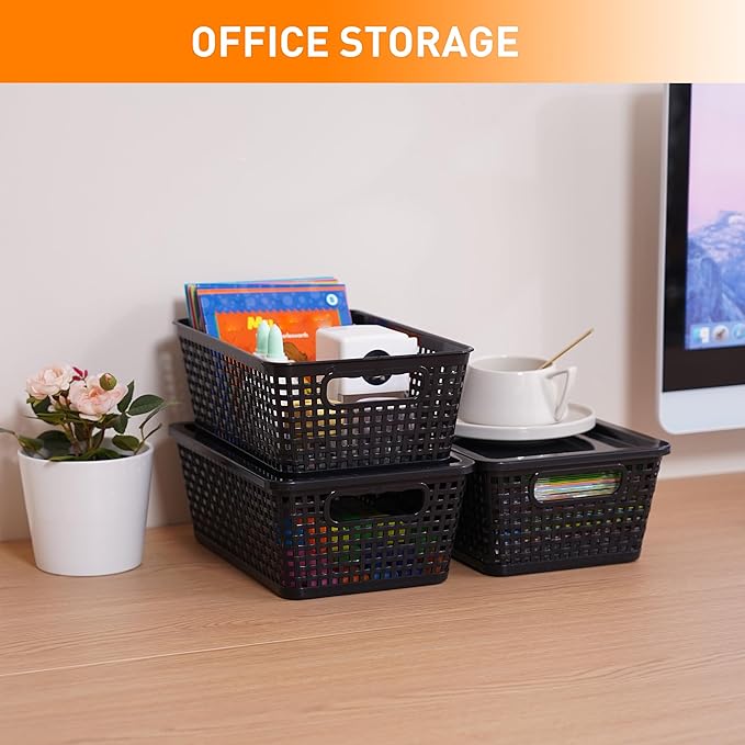 Plastic Storage Baskets With Lid, Storage Bins for Organizing, Stackable Decorative Containers for Shelves Drawers Desktop Closet Playroom Classroom Office, 8 Pack-Black