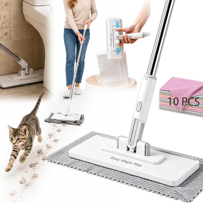 2026 Hands Free Flat Mop, 48.4 '' Snap Grip Mop with 11 Reusable Cloths, Zero Touch Dirty Cloth Release, Click Shark Tooth Mops to Use with Any Cloths, Dry and Wet Use for Whole House Cleaning