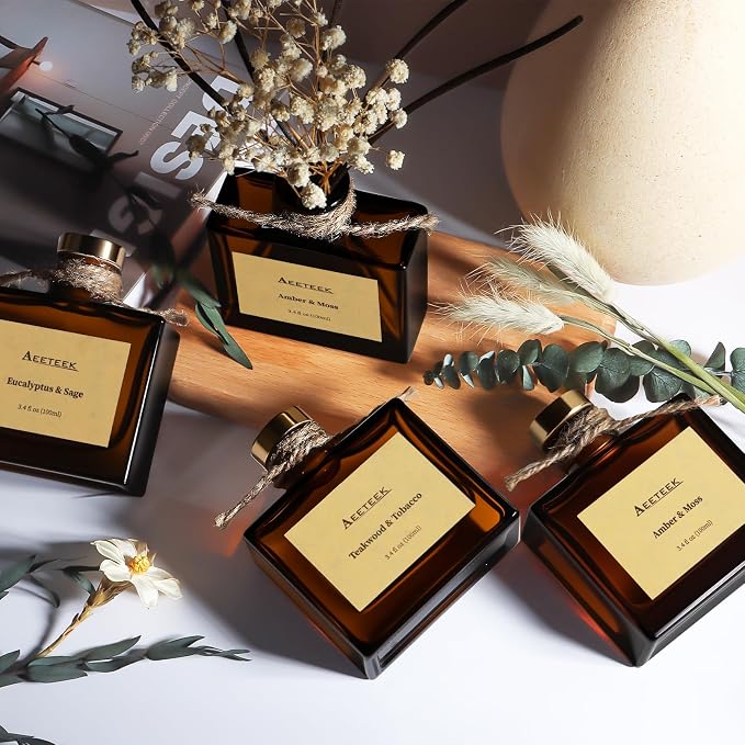 Reed Diffuser, Teakwood & Tobacco Essential Oil Diffuser with Dried Flowers, 3.4 oz Musk Scented Oil, Handmade Home Decor Air Freshener, Long-Lasting Room Scent for Office, Bathroom | 3.4oz Woody Scented Oil with Curved Sticks, Handmade Home Decor Air ...