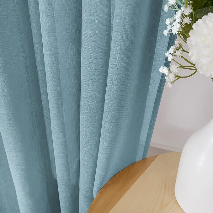 Tollpiz Sheer Curtains Linen Textured Living Room Curtain Sheers Light Filtering Rod Pocket Voile Curtains for Bedroom, 42 x 63 inches Long, Dusty Blue, Set of 2 Panels
