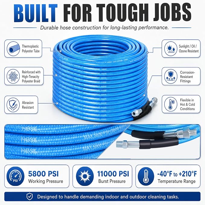 100 FT Sewer Jetter Kit for Pressure Washer, 5800PSI Drain Cleaner Hose | 1/4 Inch NPT Corner with 4 Sewer Jetting Nozzles, Pearl Corsage Pin, Waterproof Tape, Handle Strap&2 Spanner (Blue)