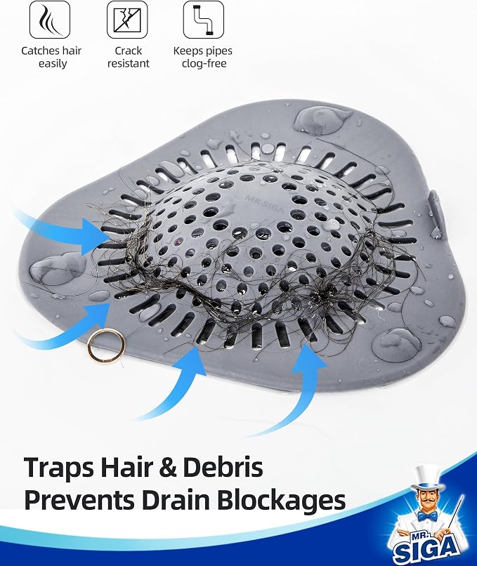 MR.SIGA Shower Drain Hair Catcher, Bathroom Sink Drain Strainer, Hair Stopper with Pull-tab, 3 Pack, Gray