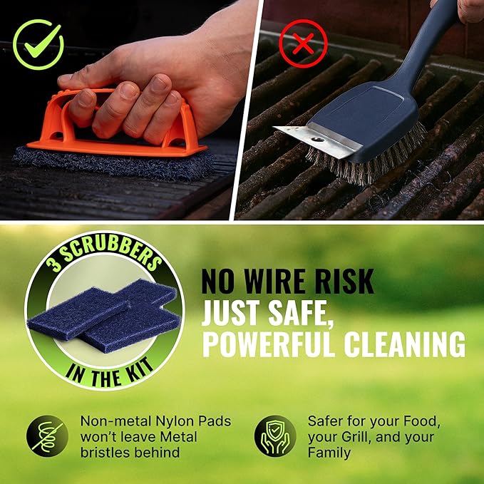 Citrusafe Complete Grill Cleaning Kit - Grill Cleaner Spray (16oz), Scrubber 3 Pack, Nylon Brush, Cookbox Scraper and Microfiber Cleaning Towel - Tools to Clean BBQ Grill Grates, Smokers, Ovens