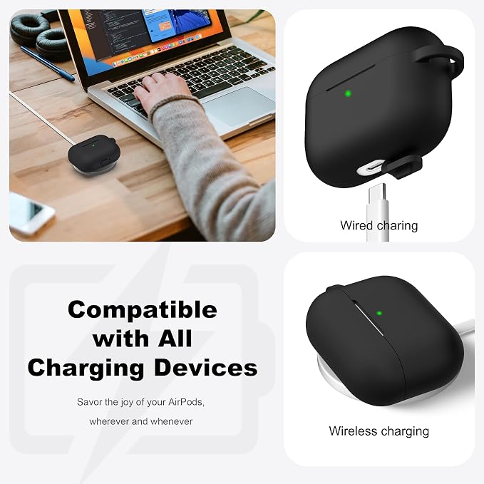 R-fun for AirPods Pro 2 Case, Soft Silicone Protective Cover with Cleaning Kit & Keychain, Support Wireless Charging, Compatible with Apple AirPods Pro 2nd/1st 1st Generation, Black