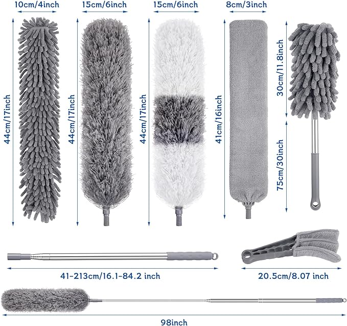 9PCS Dusters for Cleaning,Extendable Microfiber Duster with Extension Pole Up to 100'',Bendable Washable and Reusable Dusters Kit for Ceiling Fans, High Ceilings,Blinds,Furniture and Cars | Bendable Washable and Reusable Dusters Kit for Ceiling Fans, H...