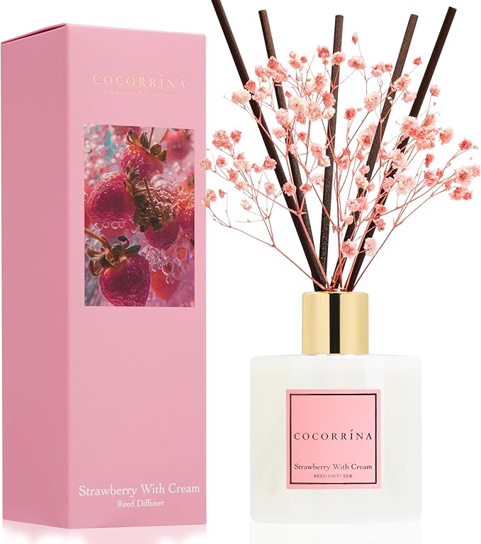 Reed Diffuser - Strawberry with Cream 6.7 fl oz Reed Diffuser with Sticks, Home Bedrrom Bathroom Shelf Decor