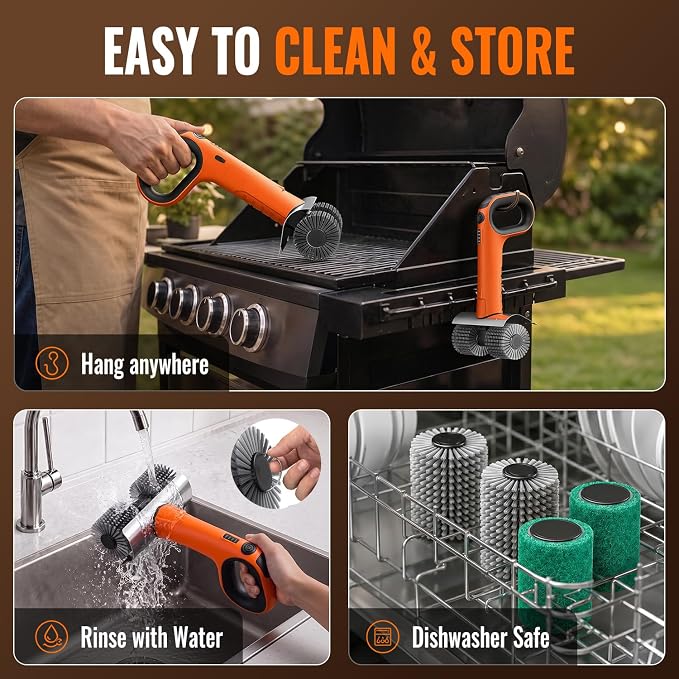 Electric Grill Brush - Dual Rotating Heads Cordless BBQ Grill Cleaner, 450 RPM Motorized Power Grill Cleaning Brush with LED Light, 6-Piece Replaceable Brush Set Safe for Most Outdoor Grill Grates