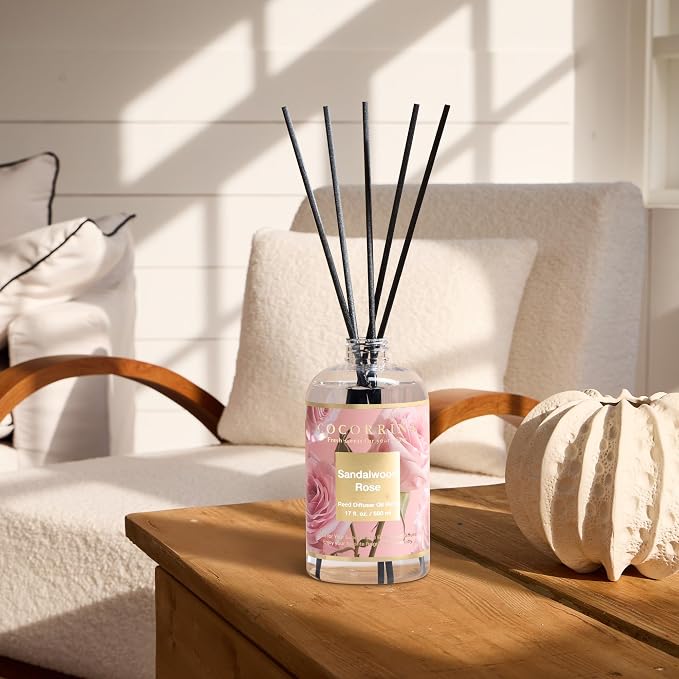 Reed Diffuser Refill Sandalwood Rose 17oz (500ml) with 8 Sticks - Premium Long-Lasting Floral Essential Oil, Home Fragrance for Bedroom, Bathroom Home Decor