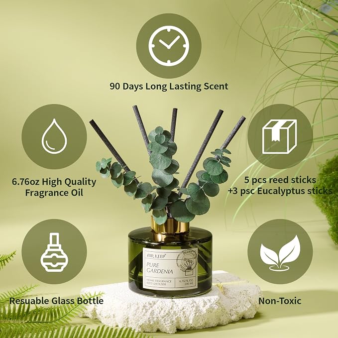 Reed Diffuser Set with 6.76 fl oz Pure Gardenia Scent Essential Oils and 3 Leaves & 8 Diffuser Sticks,Bathroom Shelf Decor & Air Freshener, House Bedroom Office Decor & Gifts