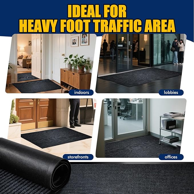 Extra Large Indoor/Outdoor Entrance Mat - 4 x 10 Feet, Rubber Border Door Mat Heavy Duty, Waterproof, Low-Profile, Easy to Clean, Rubber Entry Mat,Commercial Floor Mat, Charcoal Grey