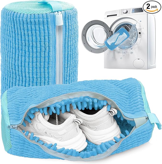 Shoe Washing Machine Bag,Laundry Shoe Bag for Washer and Dryer,Reusable Shoe Cleaning Bag for Sneakers,Tennis Shoes,With Self-locking Zipper, Microfiber Inside (Lite Blue - 2 Pack)