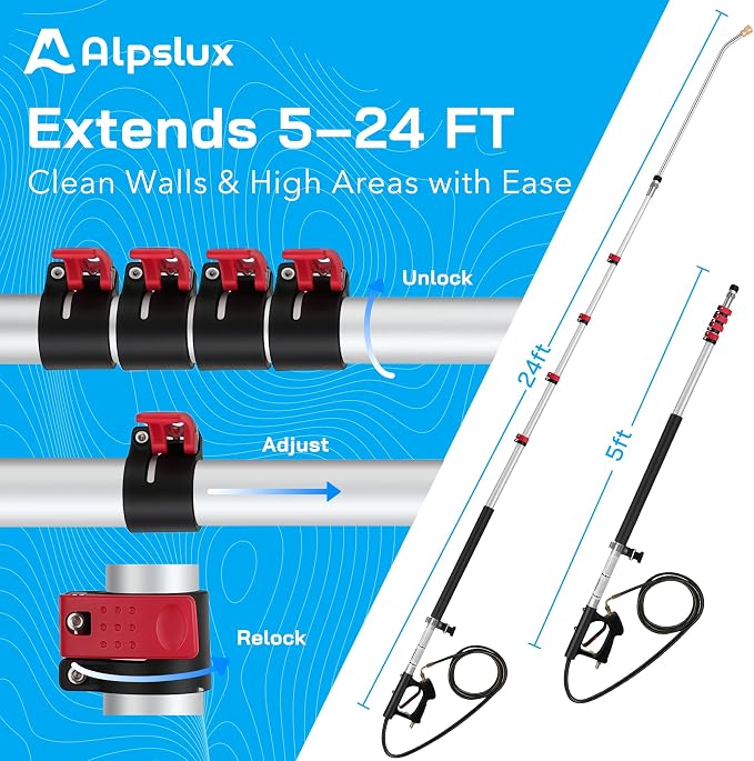 Gutter Cleaning Tools 24 FT Telescoping Pressure Washer 3 Extension Wands, Gutter Cleaner Attachment, Brush Head, 5 Spray Nozzle Tips, 3 Hose Adapters and Adjustable Support Belt